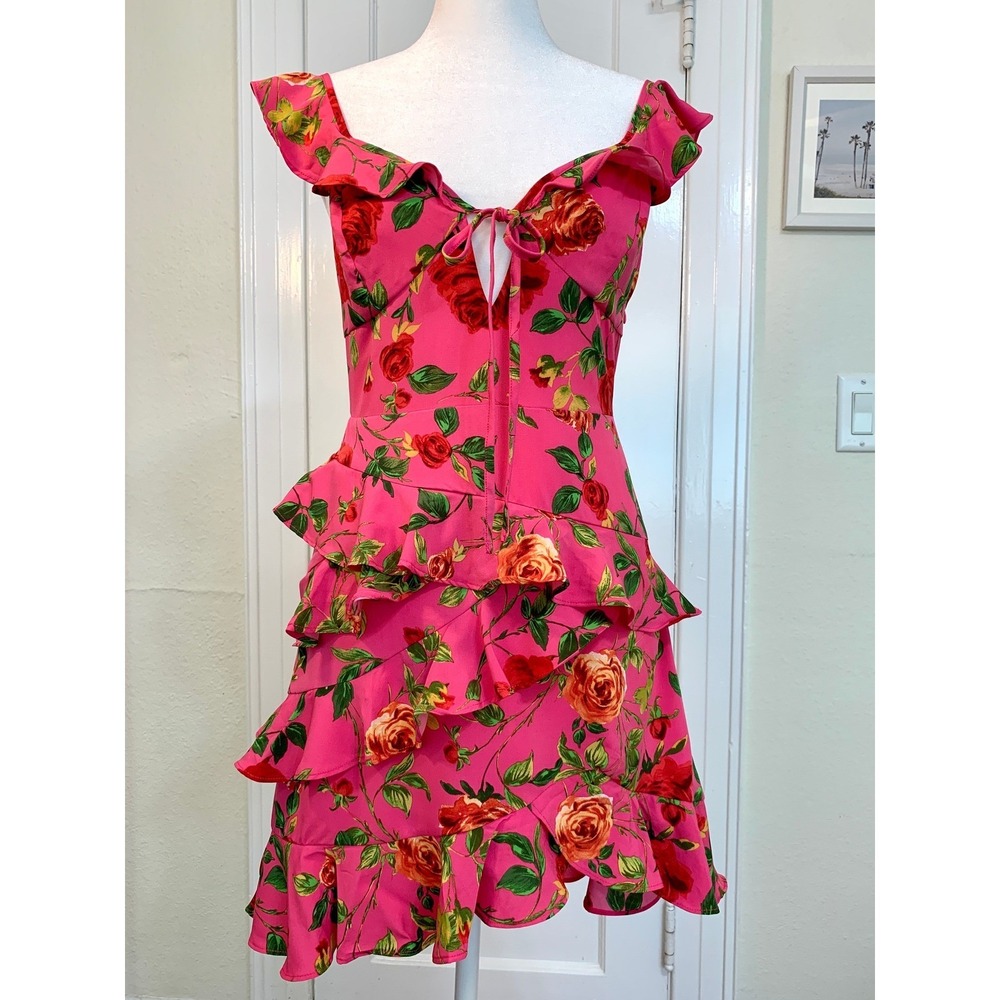 Signature NWT Rose Pink Floral Ruffle Tiered Summer Mini Dress Fuchsia Small - Picture 2 of 16